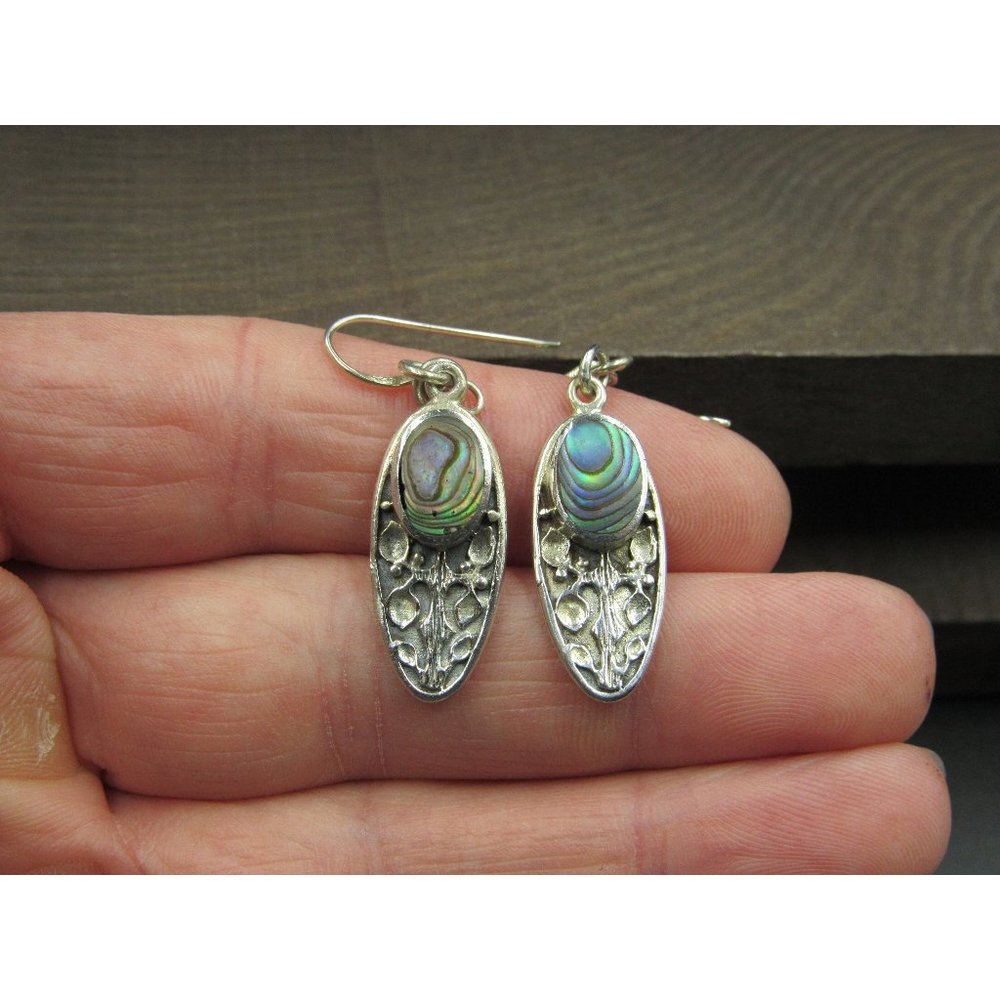 Sterling Silver Tarnished Long Oval Abalone Earrings Vintage Wedding Engagement